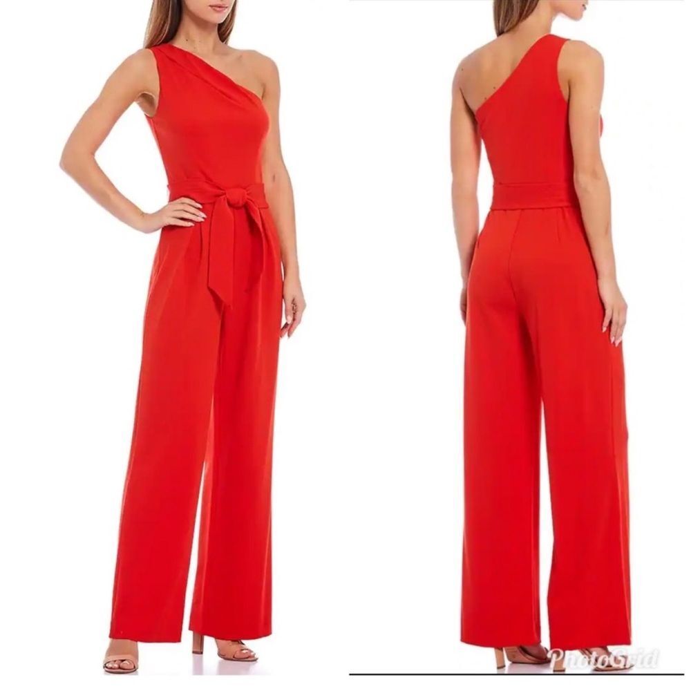 Antonio Melani Carlos One Shoulder Jumpsuit Red tie waist size 2‎ wide leg